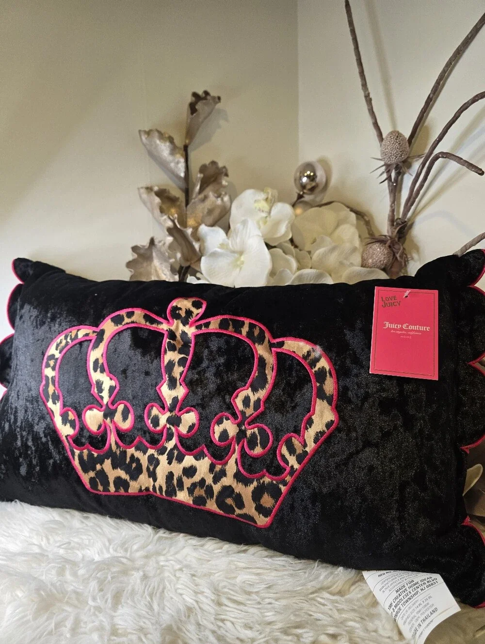 Juicy Couture  Velour hot pink Accent Decor Pillow Approximately 21” x 11” x 7”